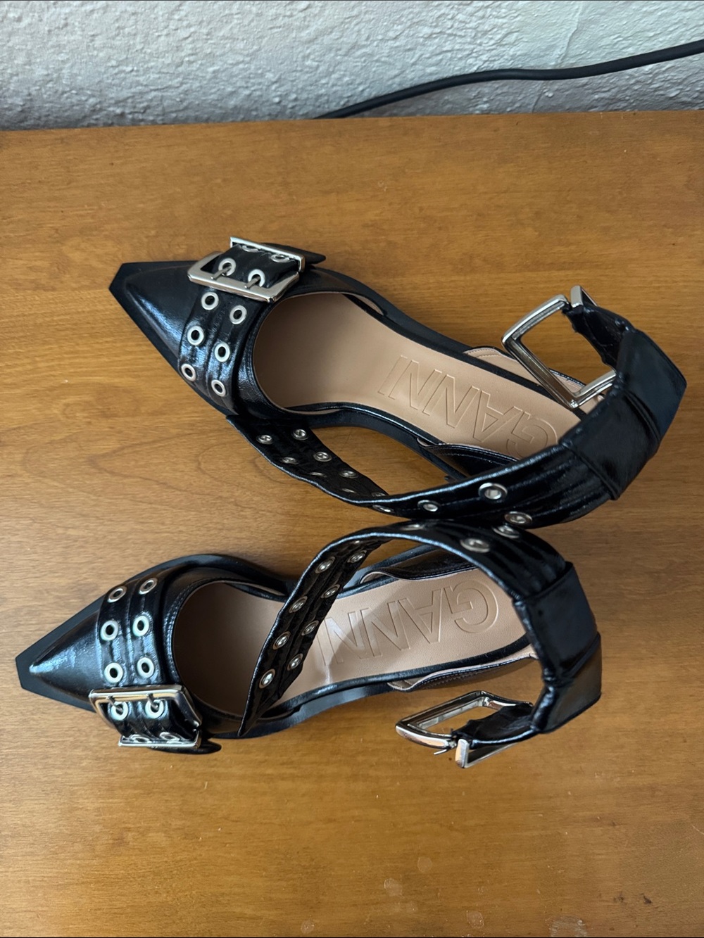 Ganni Black Pointed Toe Buckle Grommet Heels